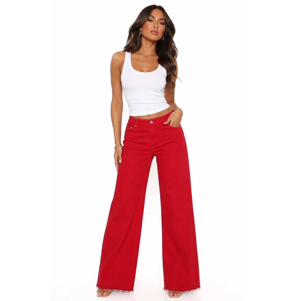 Daze Denim Far Out Wide Leg Jeans Red High Rise Raw Hem Size 30 NEW